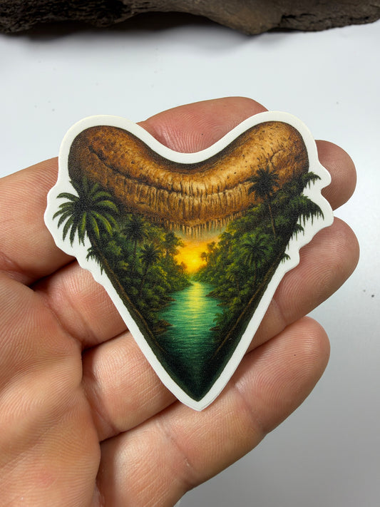 Megalodon tooth river sunset scene vinyl sticker 2.5 inch - STK-RIVER-02